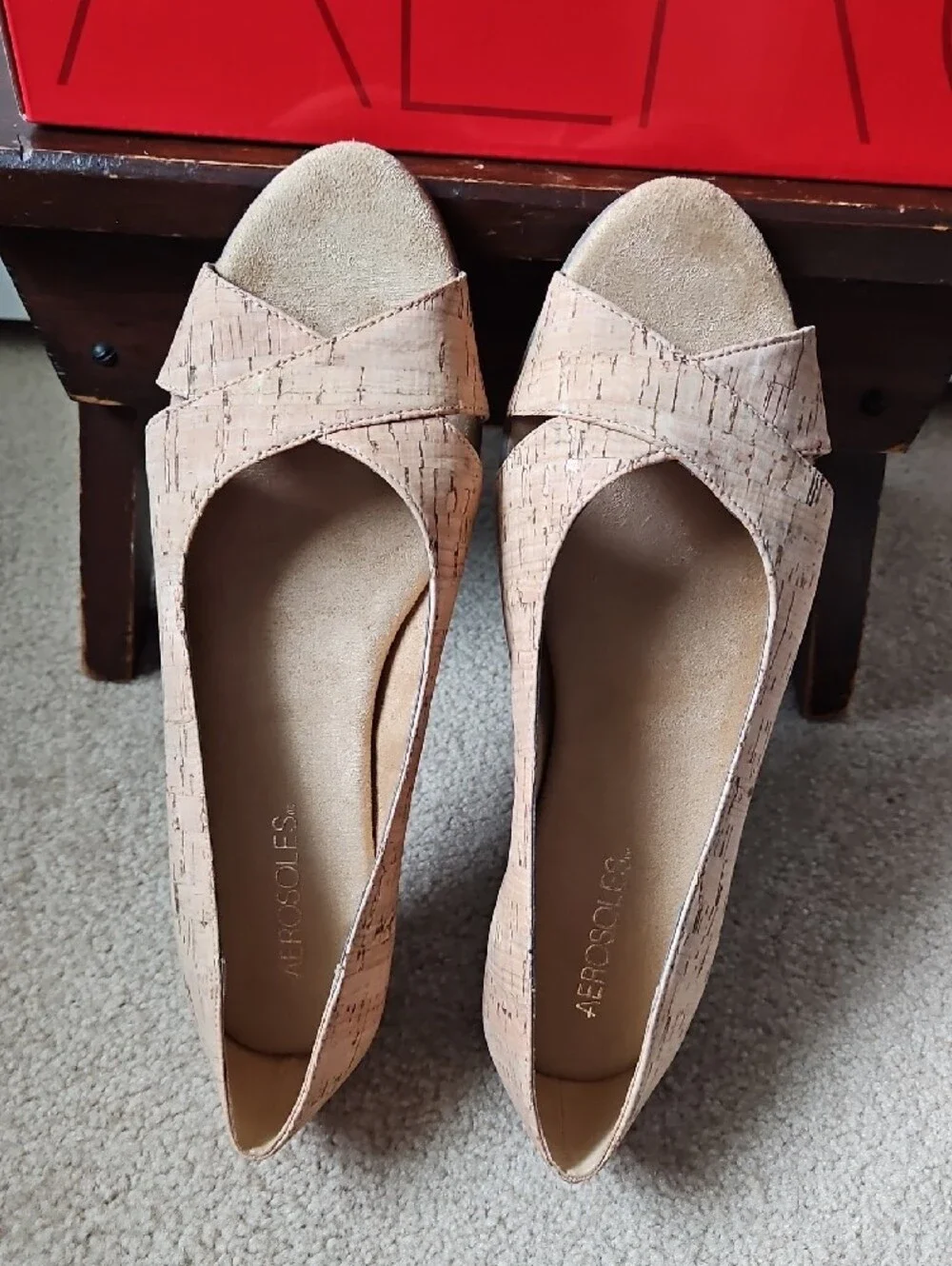 AEROSOLES Beige Cork Peep-Toe Wedge Heels